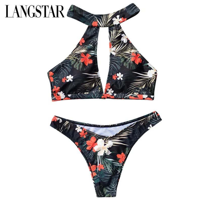 

LANGSTAR Summer Bikini Women'S Swimming Suit Halter Neck Backless Padded Floral Print Low Waist Bikini Set Bikinis 2019 Mujer
