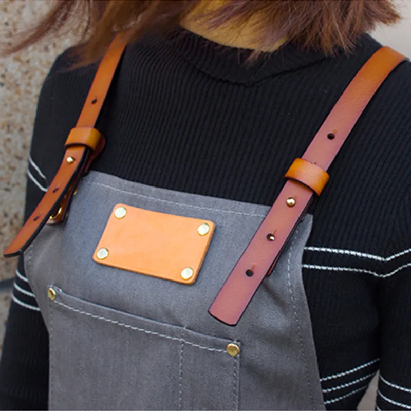 Black Gray Denim Apron Leather Straps D82A-8