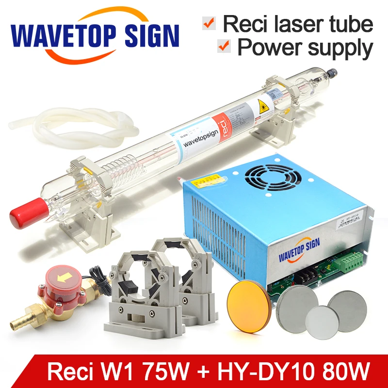 CO2 лазерной трубки 75 Вт Reci W1 + лазерная Питание HY-DY10 80 Вт + трубки держатель + воды Сенсор + силиконовая трубка + фокусная линза + отражают