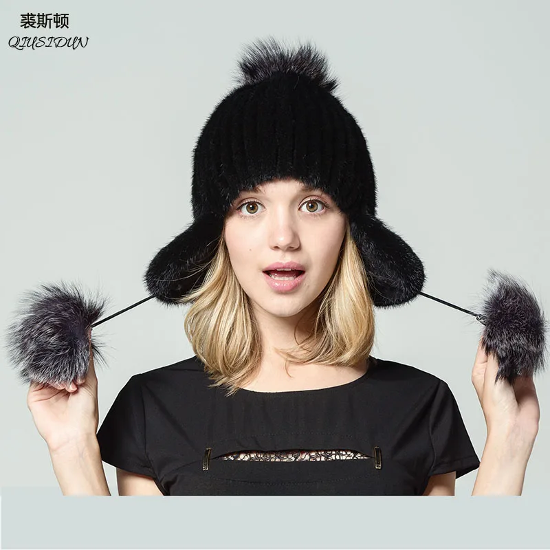 

A real mink fur knitted hat Natural fox hair ball winter warm hat Russian women ear cap fur pompom beanie women's winter hats