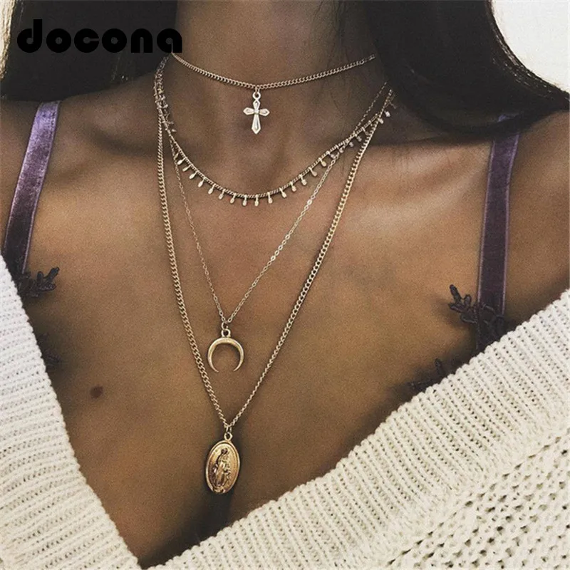 

Docona Boho Gold Color Cross Horns Chokers Necklace for Women Metal Buddha Statue Layered Pendant Necklace Jewelry Collar 6140