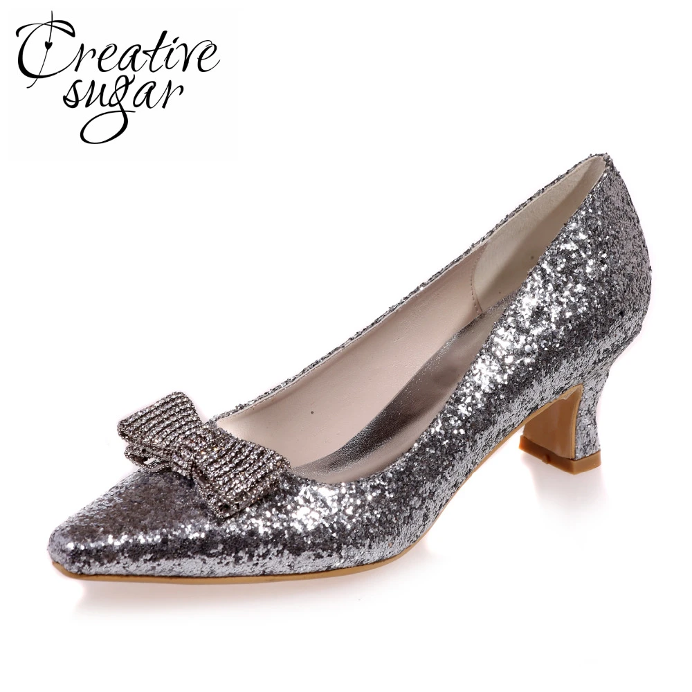 Creativesugar Comfortable low heel 3D metallic silver gold glitter party prom club red shoes pointed crystal bow|red shoes|low heelssilver metallic - AliExpress