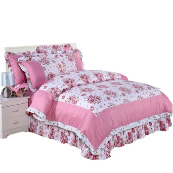 

Korean Style Lace Bedding Set Bed Skirt Duvet Cover Pillowcase Floral Princess Girls Double Bed Queen Size Cotton Bedding Sets