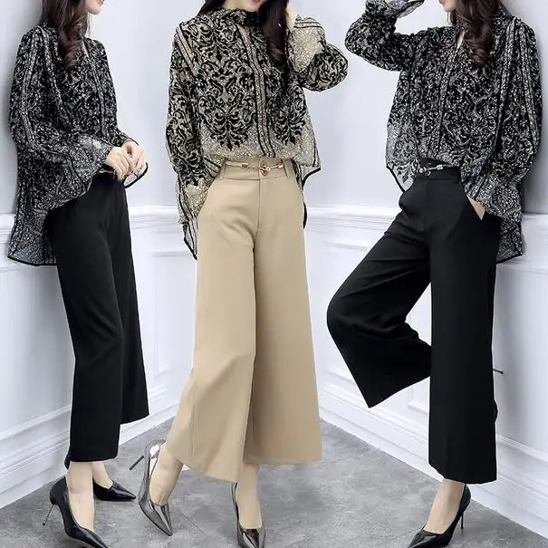 Комплект со стильным принтом широкие брюки с женский комплект 2 шт. Conjunto Feminino Pantalon