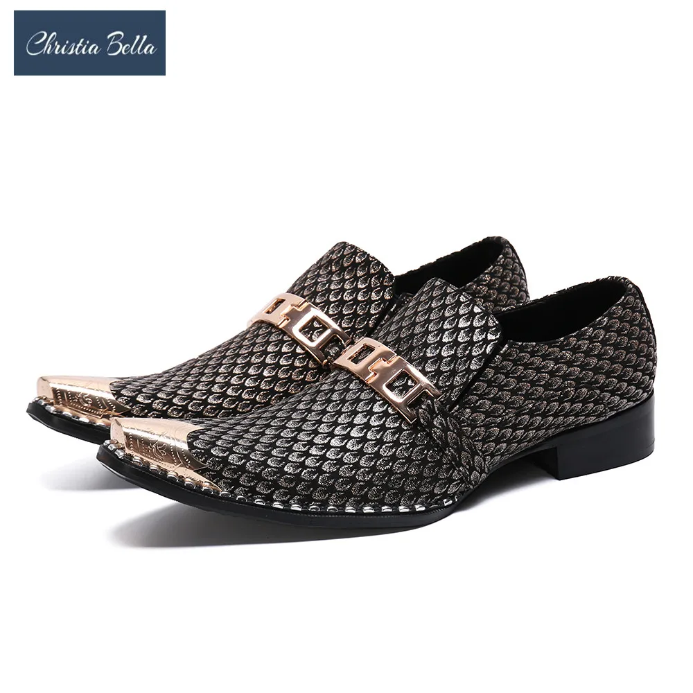 

Christia Bella British Style Gold Metal Decoration Men Genuine Leather Shoes Party Club Dress Shoes Big Size Business Shoes