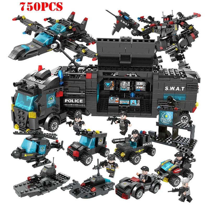 8 in 1 City SWAT Police Truck Building Blocks Ship Helicopter Vehicle Creator Bricks Compatible Legoings Toys Gifts For Children