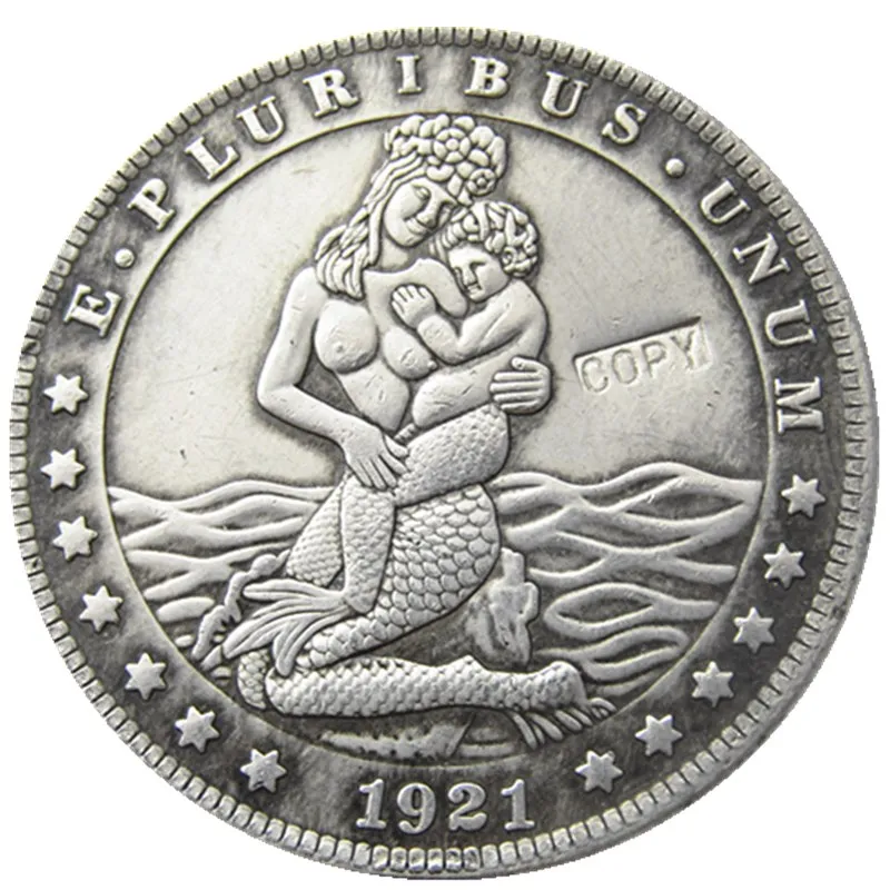 

US Hobo 1921 Morgan Dollar In Mermaid And Her Baby Nickel Coin Pressed Copy Coins