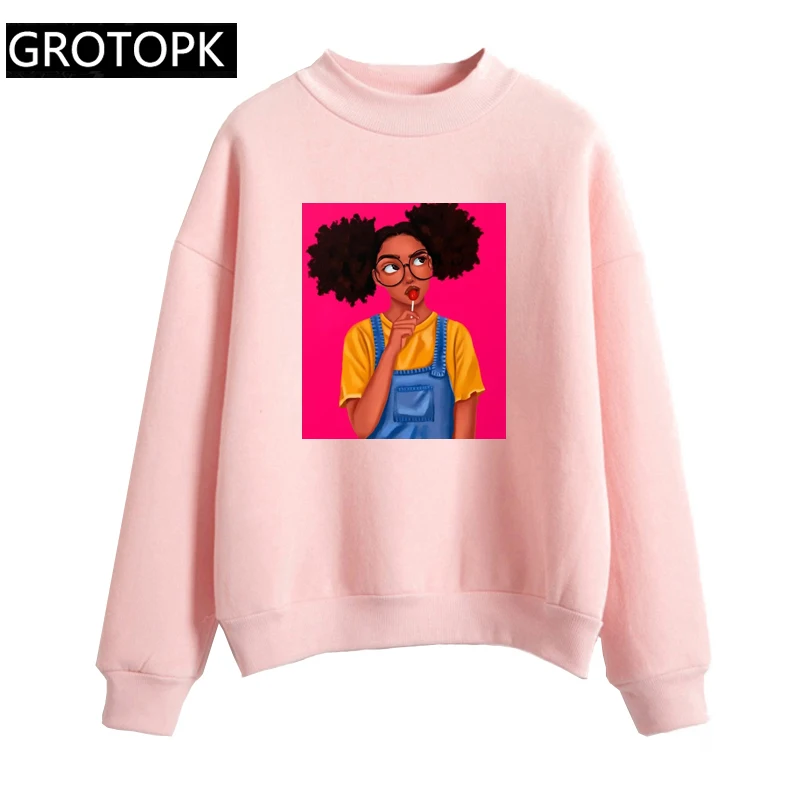 

Melanin Print Autumn Women Pink Hoodies Poppin Aba Black Girl Harajuku Sweatshirt Casual Female Tops Shirts Loose Kawaii Outwear