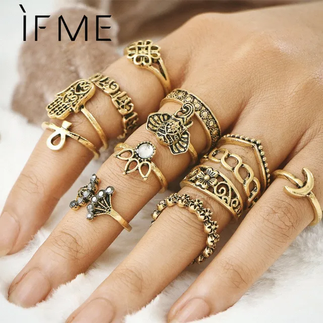 IF ME Retro Rings Set Mixed Hasma Hand Elephant Lotus Moon Knuckle Midi Rings At IF ME Retro Rings Set Mixed Hasma Hand Elephant Lotus Moon Knuckle Midi Rings At