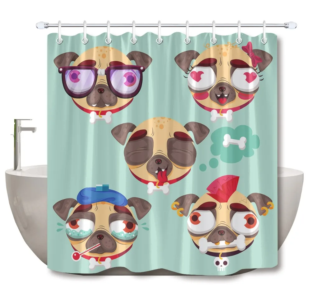 LB Funny Cute Pug Dog Bone Glasses Light Blue Shower Curtain Animal