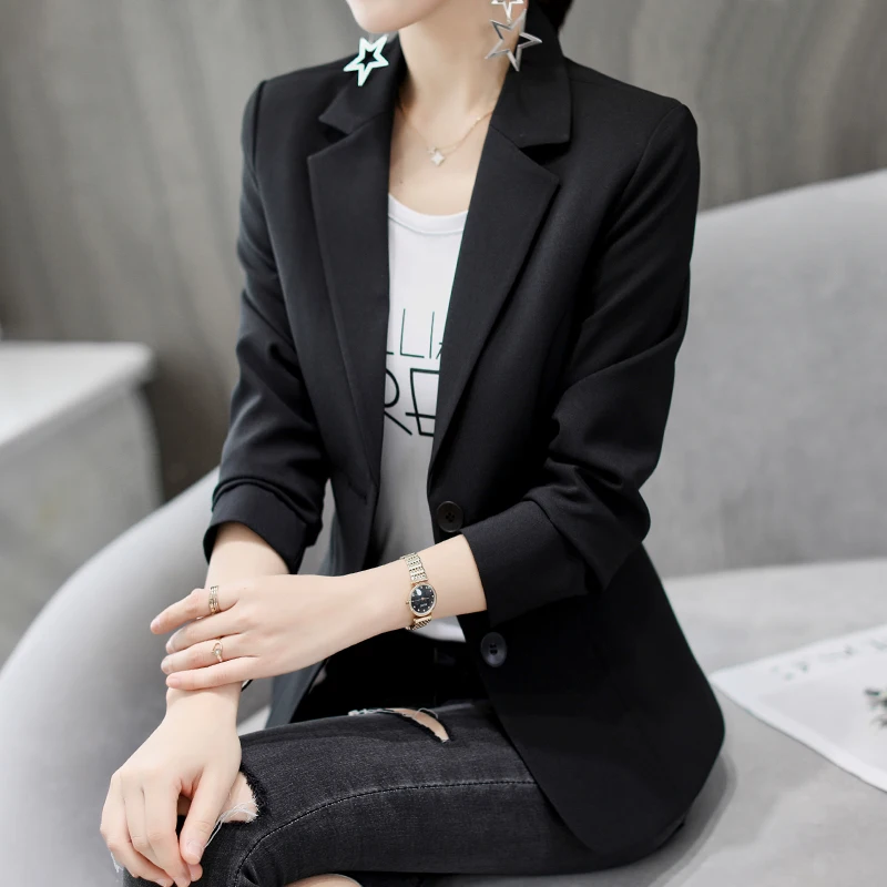 Мода весна осень приталенный женский белый формальный пиджак офисная работа длинный рукав зубчатый Женский блейзер пальто горячая распродажа - Цвет: Black