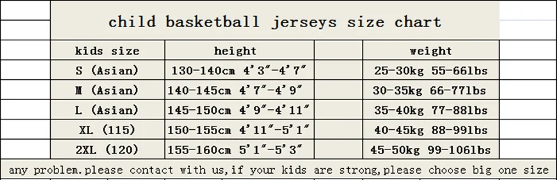 Basketball Jersey Size Chart