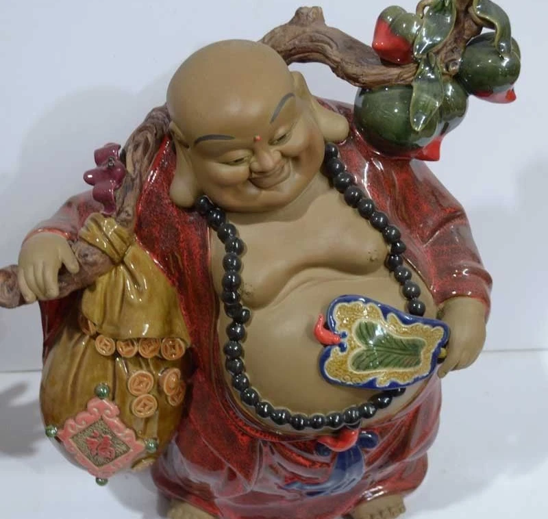

Painted Pottery Porcelain Statue Buddhism Peach Fan Happy Laugh Maitreya Buddha
