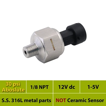 

2bar, 30psi absolute, affordable pressure transducer sensor, 12VDC, 24V supply, 1 to 5V signal, stainless steel 316L, 1 8 NPT