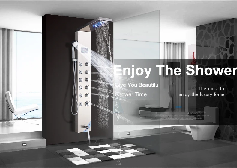 quyanre wanfan frap shower faucet led rainfall waterfall shower head abs high pressure handheld shower temperature digital screen five handles switch mixer tap tub spout faucet5