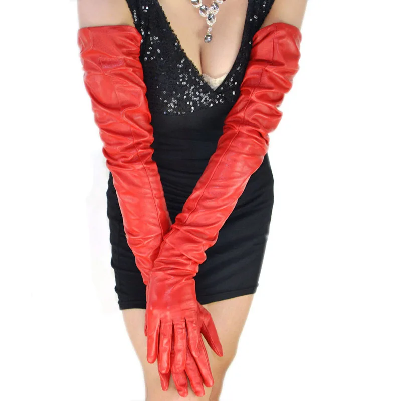 

80cm(31.5") long plain super shoulder length one whole piece sheep leather opera red gloves