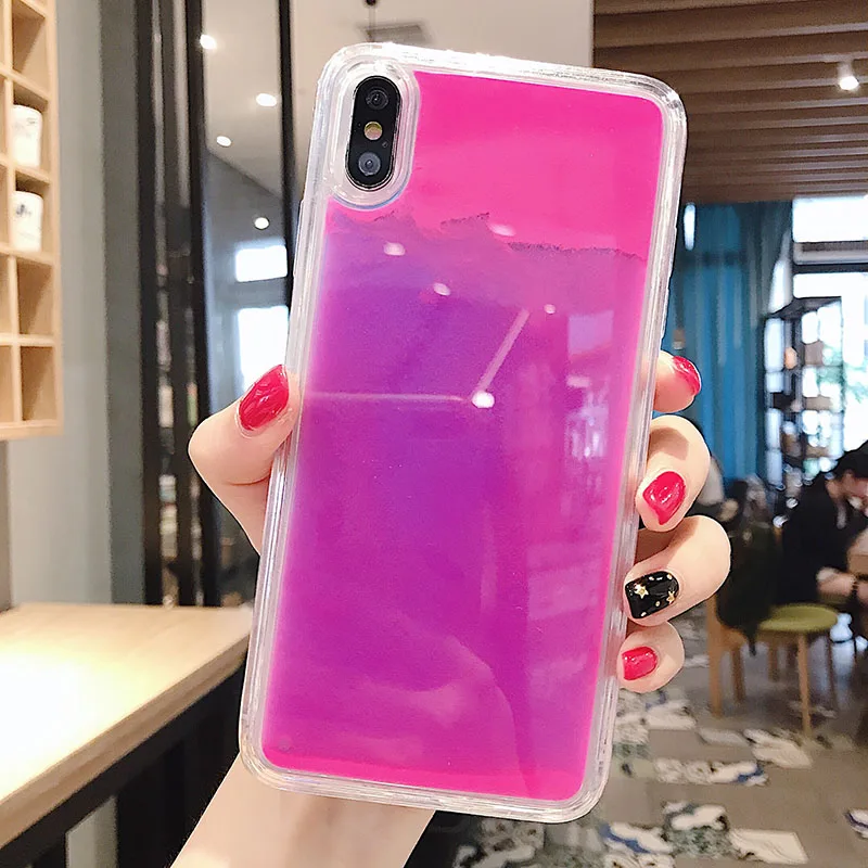 Светящийся неоновый песок сплошной цвет чехол для iPhone XR XS max X 6 7 8plus светится в темноте Жидкий блеск зыбучий песок чехол для телефона крышка