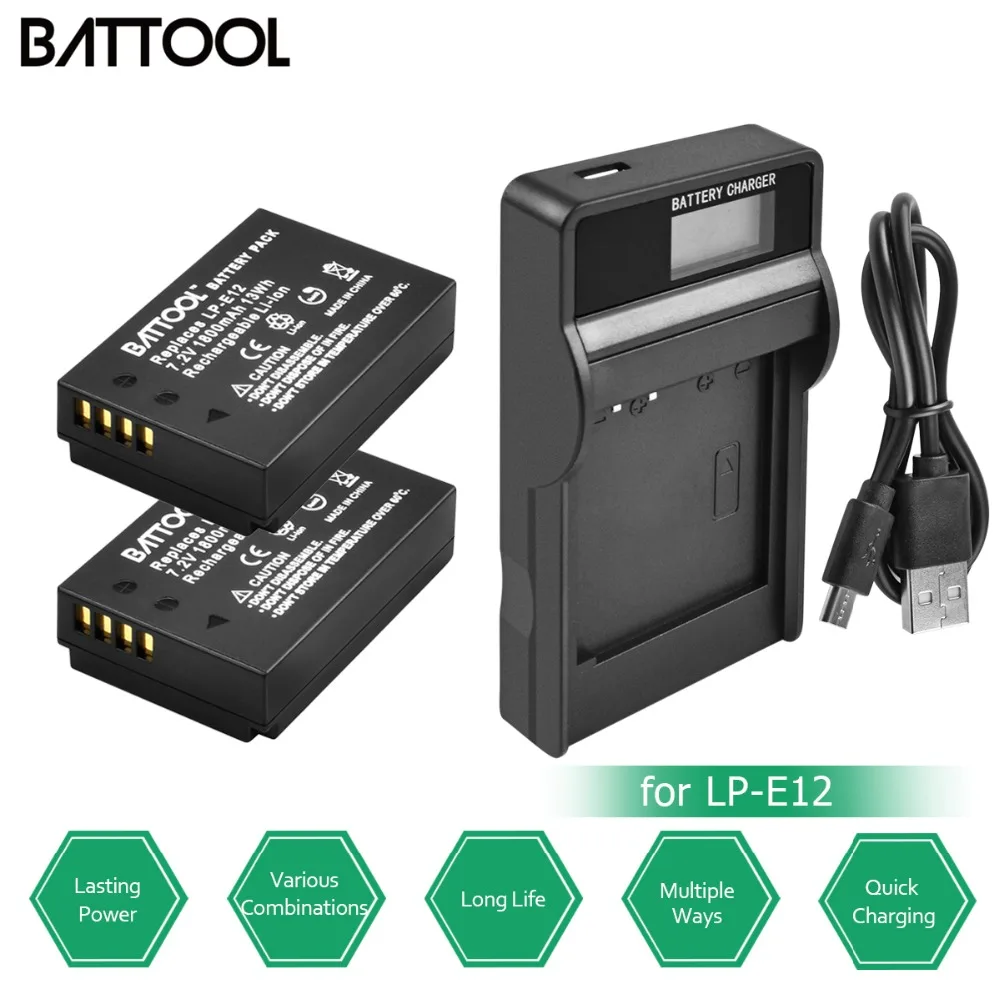 2 упаковки batcool LP E12 LPE12 батарея 7 В 1800 мАч + 1 USB зарядное устройство со светодиодной