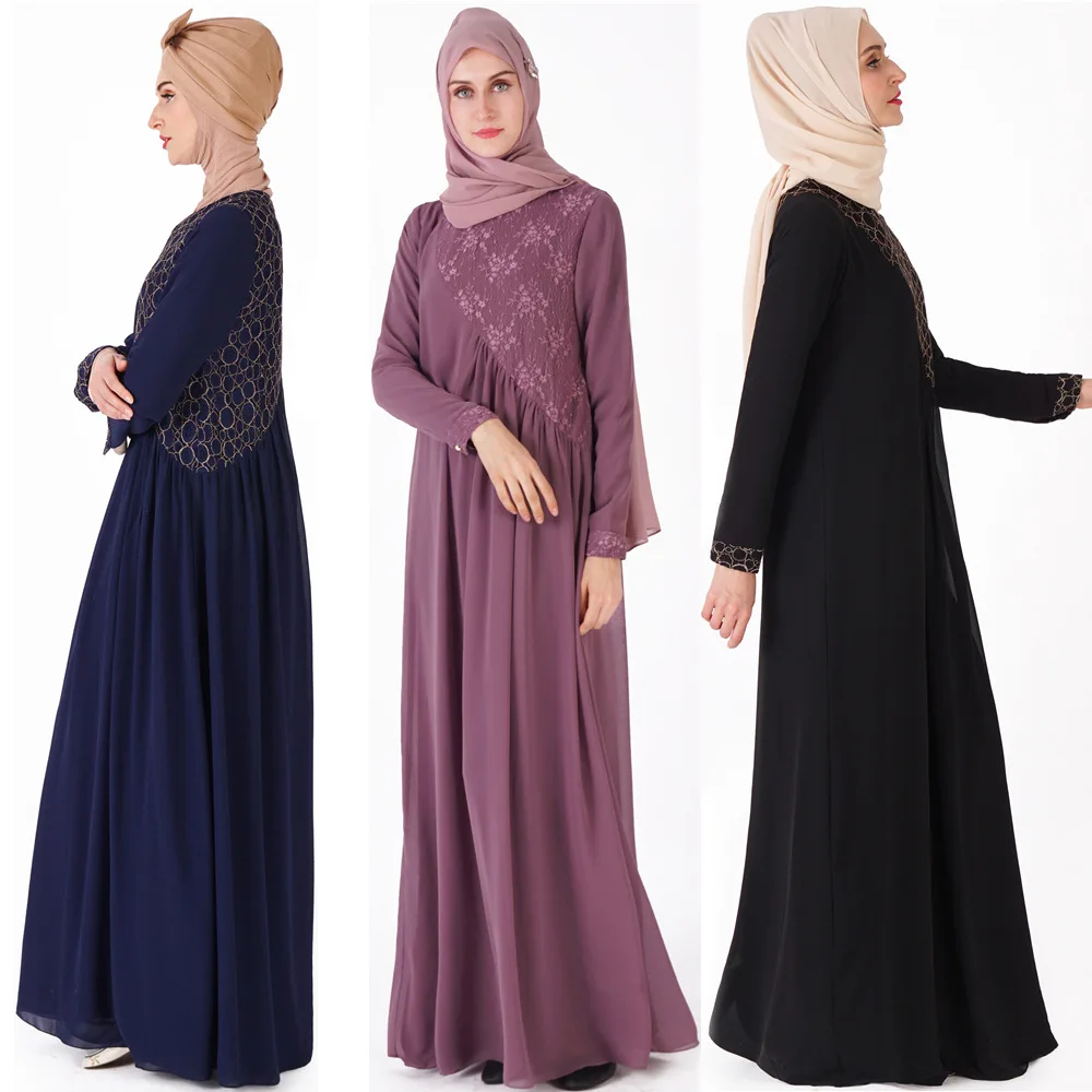 2019 New Muslim women gown gauze dress lace national costume Loose Solid color Full sleeve O-Neck на русском алиэкспресс