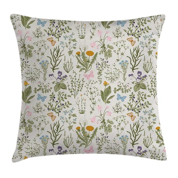 

Shabby Chic Floral Throw Pillow Case Vintage Garden Plants Cushion Cover Herbs Flowers Botanical Classic Design Reseda Green