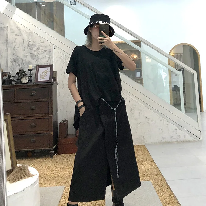 

Women Summer Short Sleeve Fake Two Piece Splice Loose Casual Black Dress Female Streetwear Gothic Cotton Linen Long Dresses
