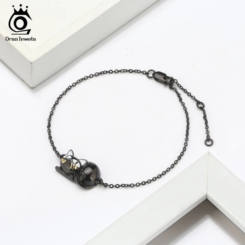 ORSA JEWELS кольцо Аутентичные 925 Браслеты стерлингового серебра женский, черный пистолет с выемками на коленях кошка Женская Праздничная обувь подарок SB31