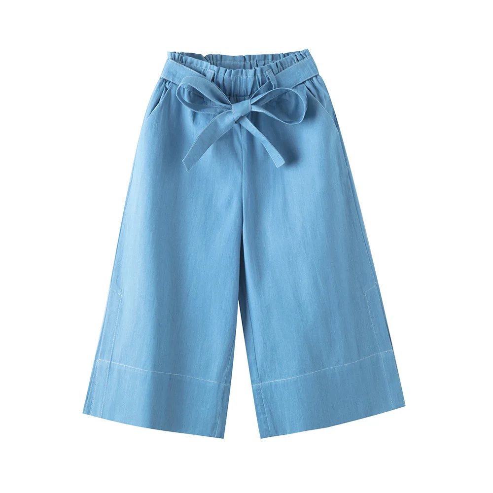 

loose denim Wide Leg pants age for 6-16 yrs teenage girls school style children clothes simple blue bow Ankle-length pant autumn