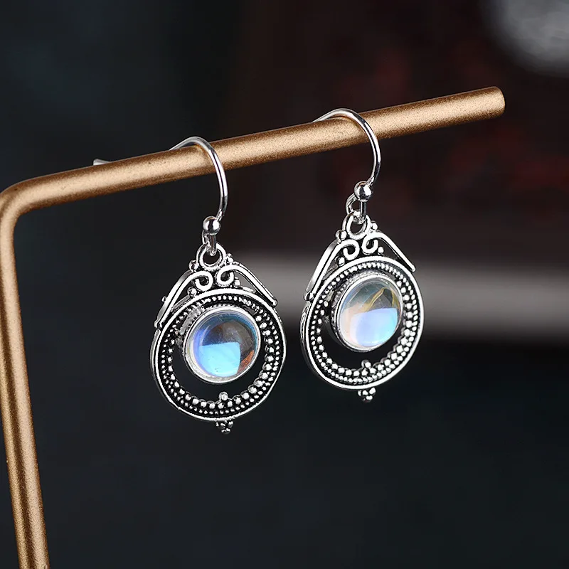 

1 Pair Vintage Silver Round Moonstone Dangle Earring For Women Handmade Drop Earring Hanging Wedding Long Earring Trendy Jewelry