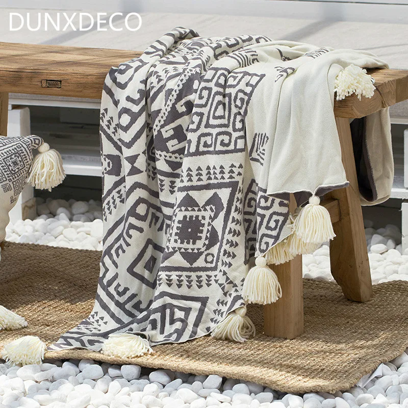 

DUNXDECO Knitting Blanket Modern Simple Bohemia Geometric Weaving Warm Soft Air-condition Sofa Bedding Room Decoration