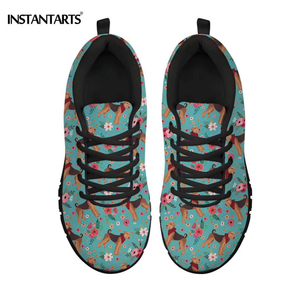 

INSTANTARTS Cute Airedale Terrier Flower Woman Summer Mesh Sports Shoes Outdoor Running Shoes Lace Up Breathable Shoes for Women