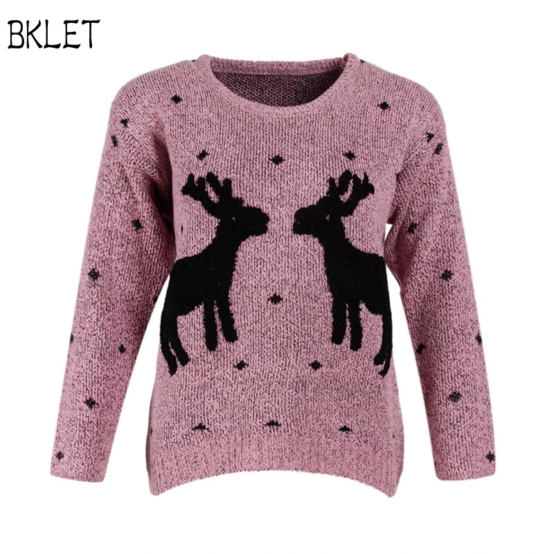 

New Christmas Sweaters 2018 Autumn Womens Round Neck Sweater With Deer Embroidery Long Sleeve Female Casual Pullovers Coats Pink