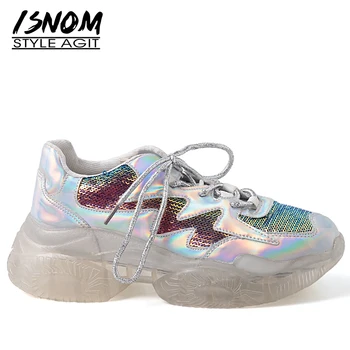 

ISNOM Transparent Flat Sneakers Platform Women Round Toe Footwear Lace Up Shoes Female Fashion Casual Bling Shoes Woman Spring