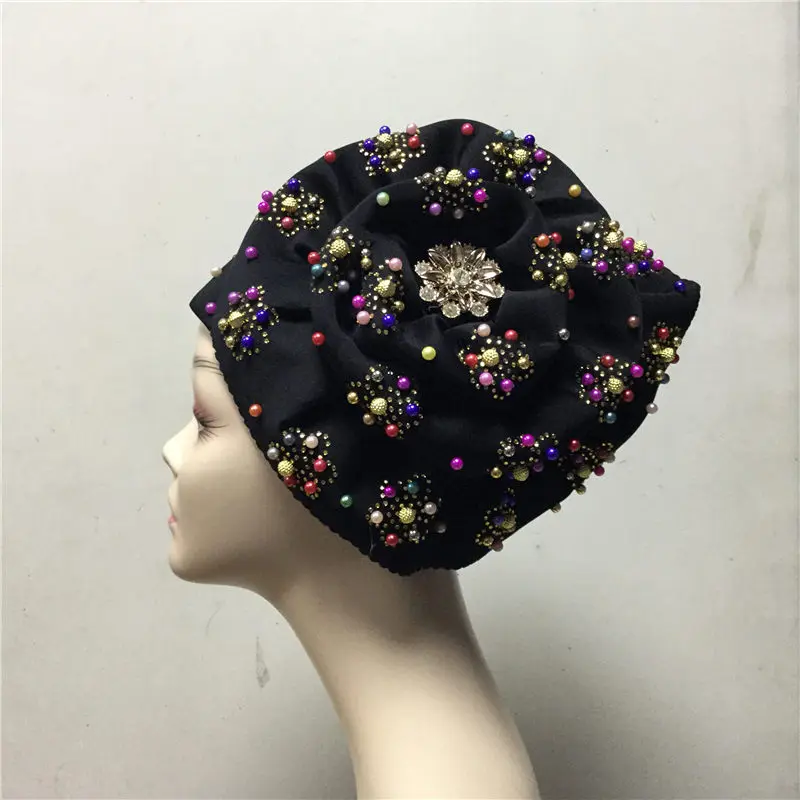 

2019 African headtie Aso Oke gele aso ebi gele with beads african turban headband woman head wrap already made auto gele -AC30