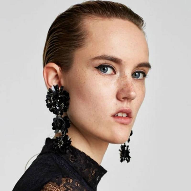 Fashion New Arrival Handmade Tassel Earrings Black Flower Long Drop