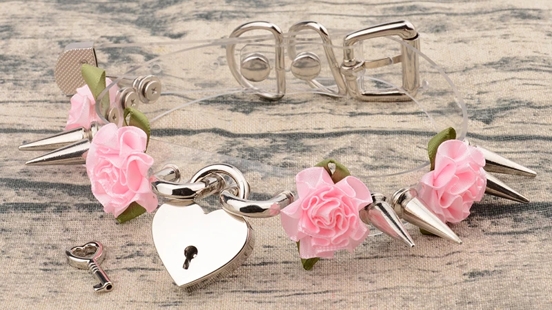 Lolita Cute Girl 100% Hand Crafted Silver Gold Spiked Lock Heart Collar With Key Rose Flowers Spikes Choker Transparent Necklace 10