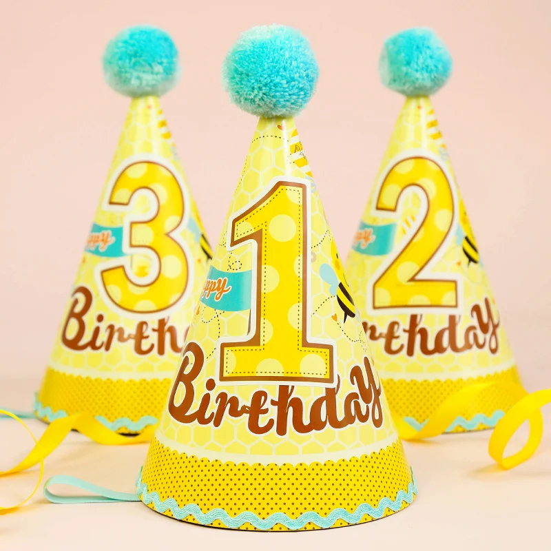 Yellow Color Baby Birthday Party Hat With Numbers (10 Piece/Lot With