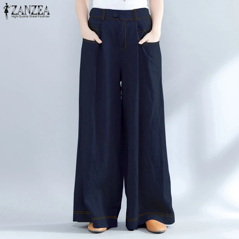 

2019 ZANZEA Summer Baggy OL Work High Waist Long Trousers Women Wide Leg Pants Casual Denim Style Loose Pantalon Plus Size