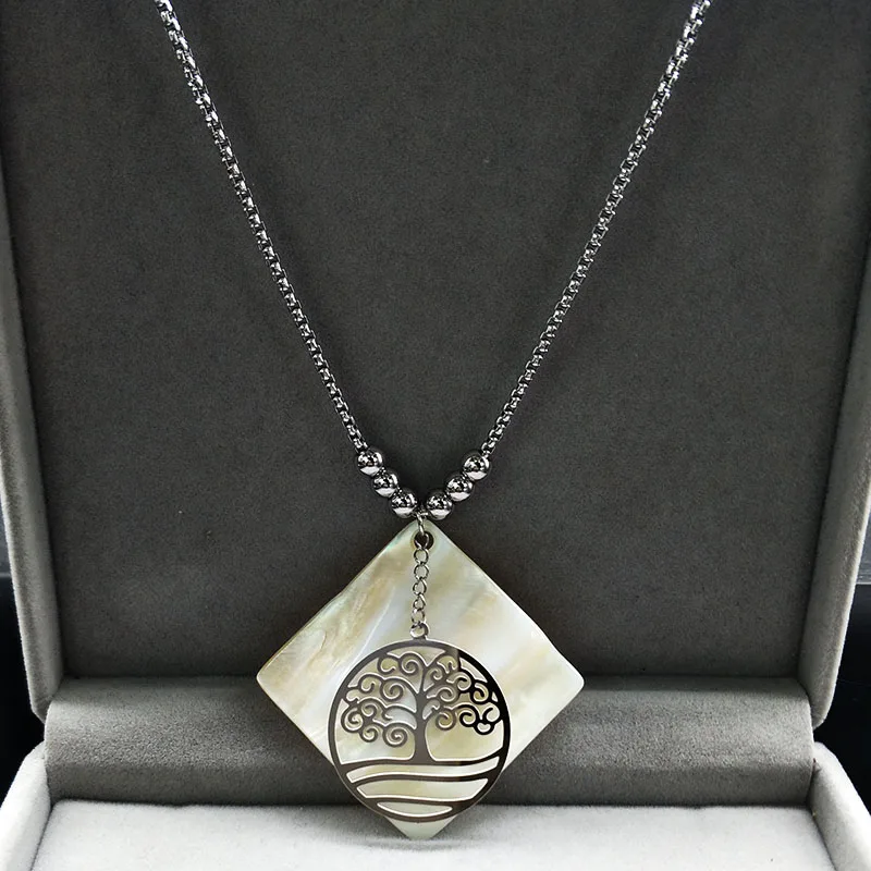 

2019 Fashion Tree of Life Shell Stainless Steel Choker Necklace Women Big Long Silver Color Necklace Jewelry colgantes N18011