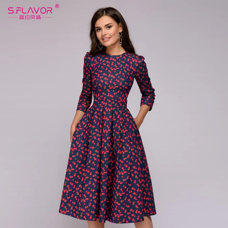 

S.FLAVOR Women Elegant A-line Dress 2019 Vintage printing party vestidos Three Quarter Sleeve women Slim Autumn Winter Dress