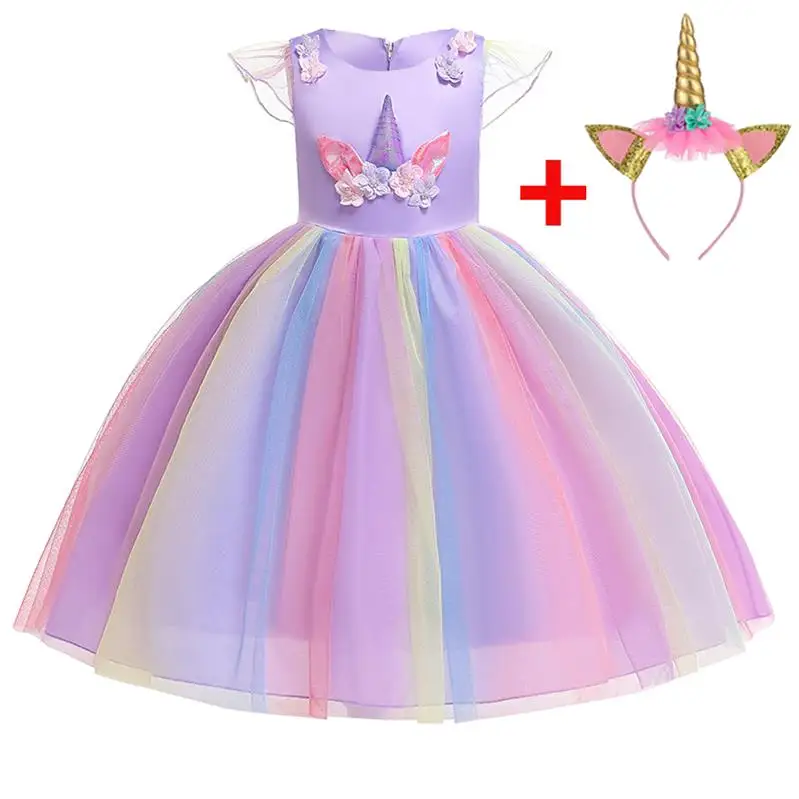 Вечерние платья для девочек с радужным цветком и единорогом; бальное платье на свадьбу; Детские торжественные платья из сетчатой ткани для костюмированной вечеринки; платье принцессы на день рождения для детей 3-10 лет; DJS003 - Цвет: purple