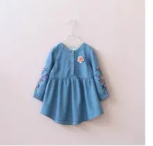 2017 Spring New Girl Dress Flower Embroidery Long Sleeves Fashion Dress Children Clothing 2-8Y 313335