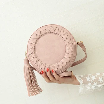 

50pcs/lot New Fashion Women Handbag Tassel Round Weave Cross body Bag Messenger Bag Ladies Cute Roll Shoulder Bag