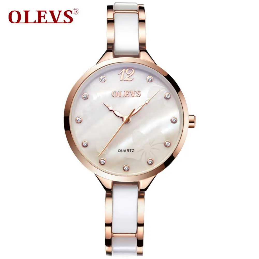 OLEVS, женские часы, роскошные, розовое золото, модные, Кристальные, водонепроницаемые, керамика, платье, бриллианты, женские часы, наручные часы, высокое качество, новинка - Цвет: 2
