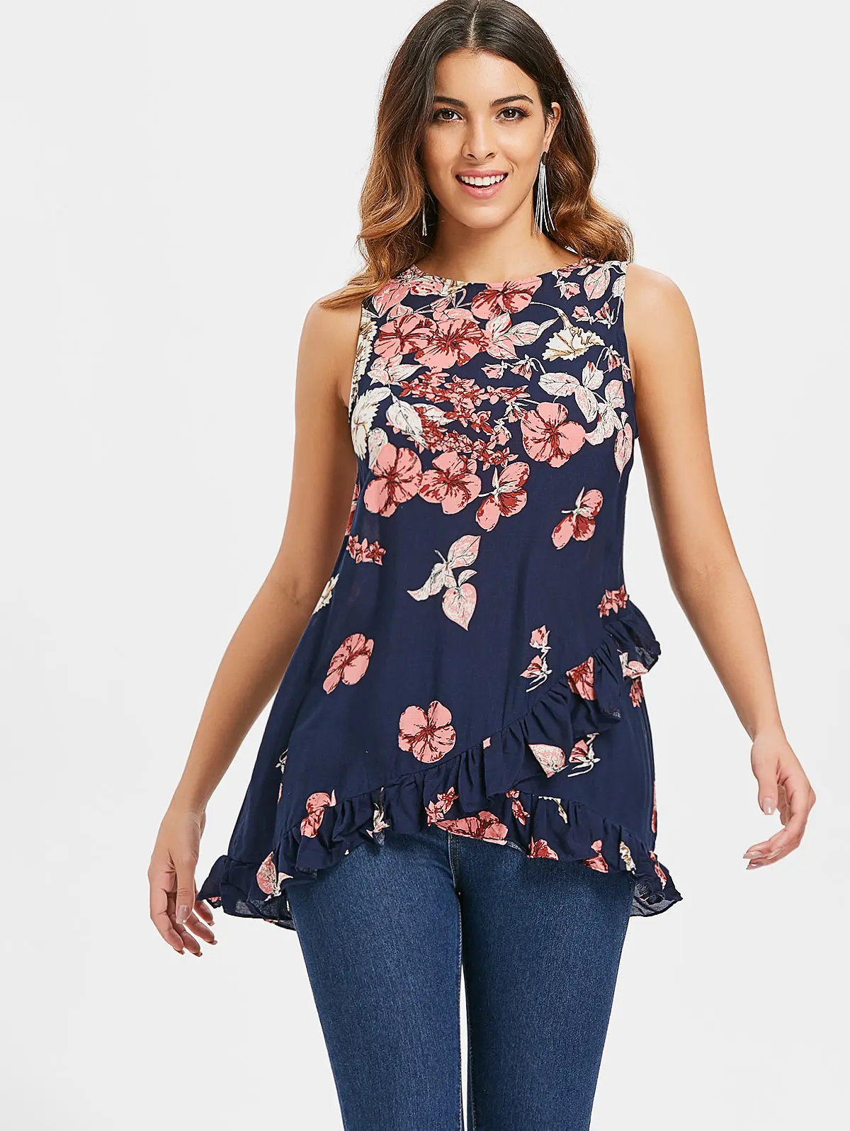 

Kenancy Ruffles Edge Printed Tank Top