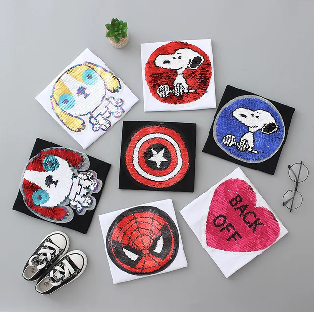 Changing color spiderman Captain America switchable sequins boys T-shirts kid fashion t shirt children tops clothes