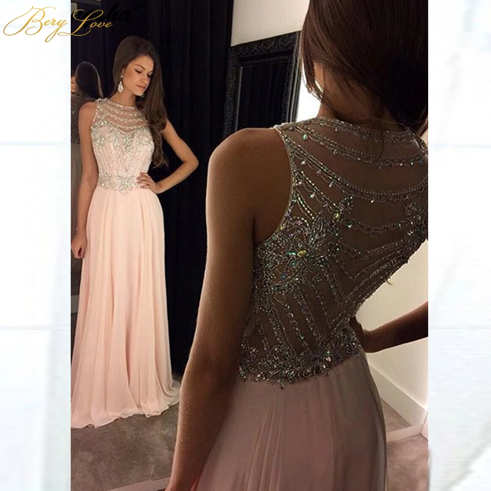 BeryLove Pink Elegant 2019 Evening Dresses Long A-line Scoop Sequins Chiffon Sleeveless Beaded Prom Dresses Soiree Robe BeryLove Pink Elegant 2019 Evening Dresses Long A-line Scoop Sequins Chiffon Sleeveless Beaded Prom Dresses Soiree Robe