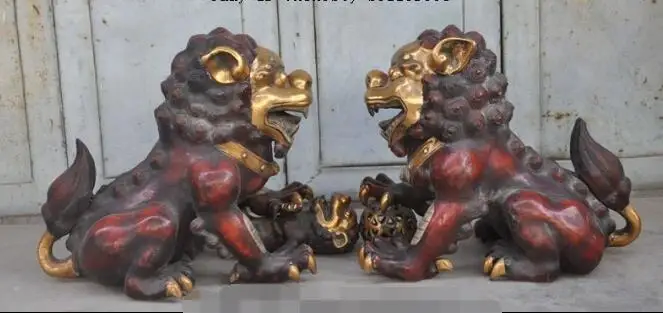 

S01008 China fengshui Bronze gilt Palace Evil Door Guardian Fu Foo Dog Lion statue Pair (B0413)