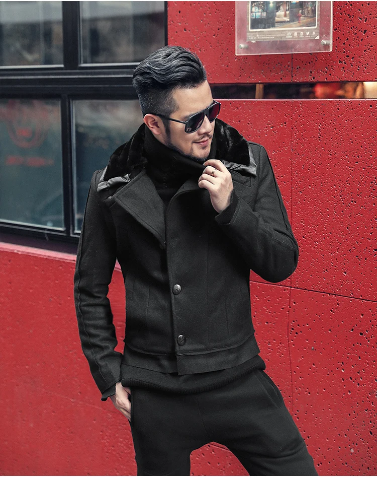 Для мужчин зимний Британский стиль дизайн длинный мех шерстяной пиджак съемный пальто метросексуал человек Тонкий Мода черный повседневный пиджак F291