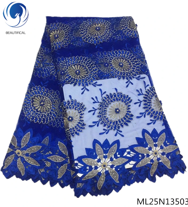 

BEAUTIFICAL blue net lace fabric french tulle lace fabric high quality latest lace fabrics with same color beads ML25N135