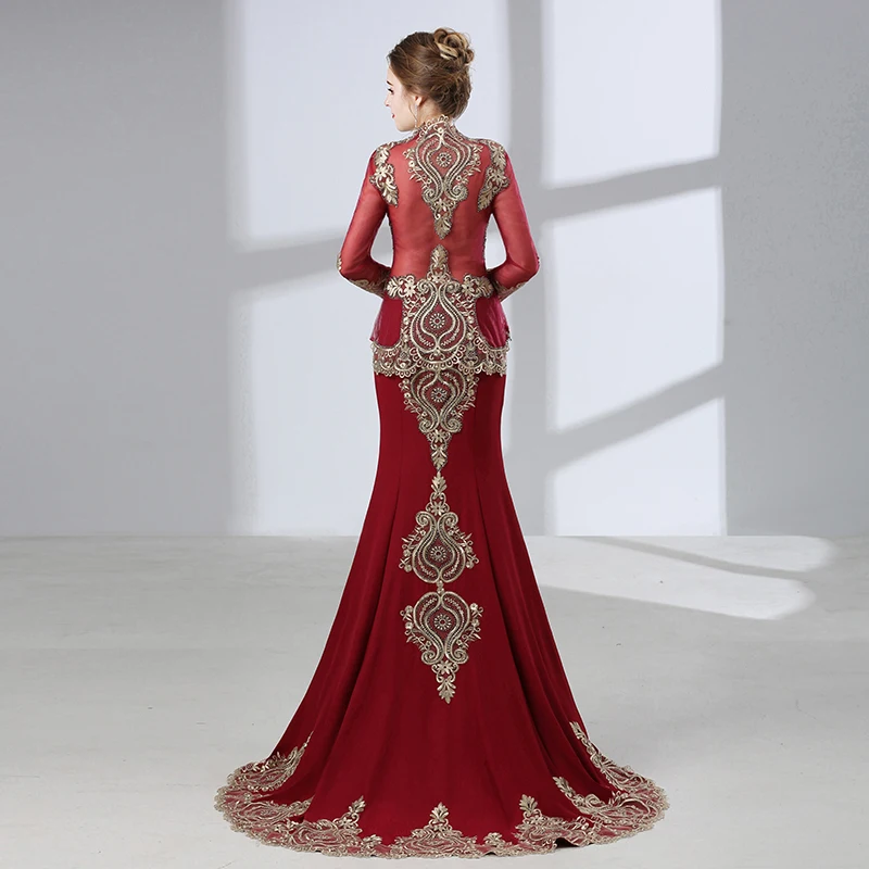 Burgundy Mermaid Evening Dresses Long 2019 Gold Embroidery Beading With Cape Long Sleeves Muslim Formal Party Evening Gown